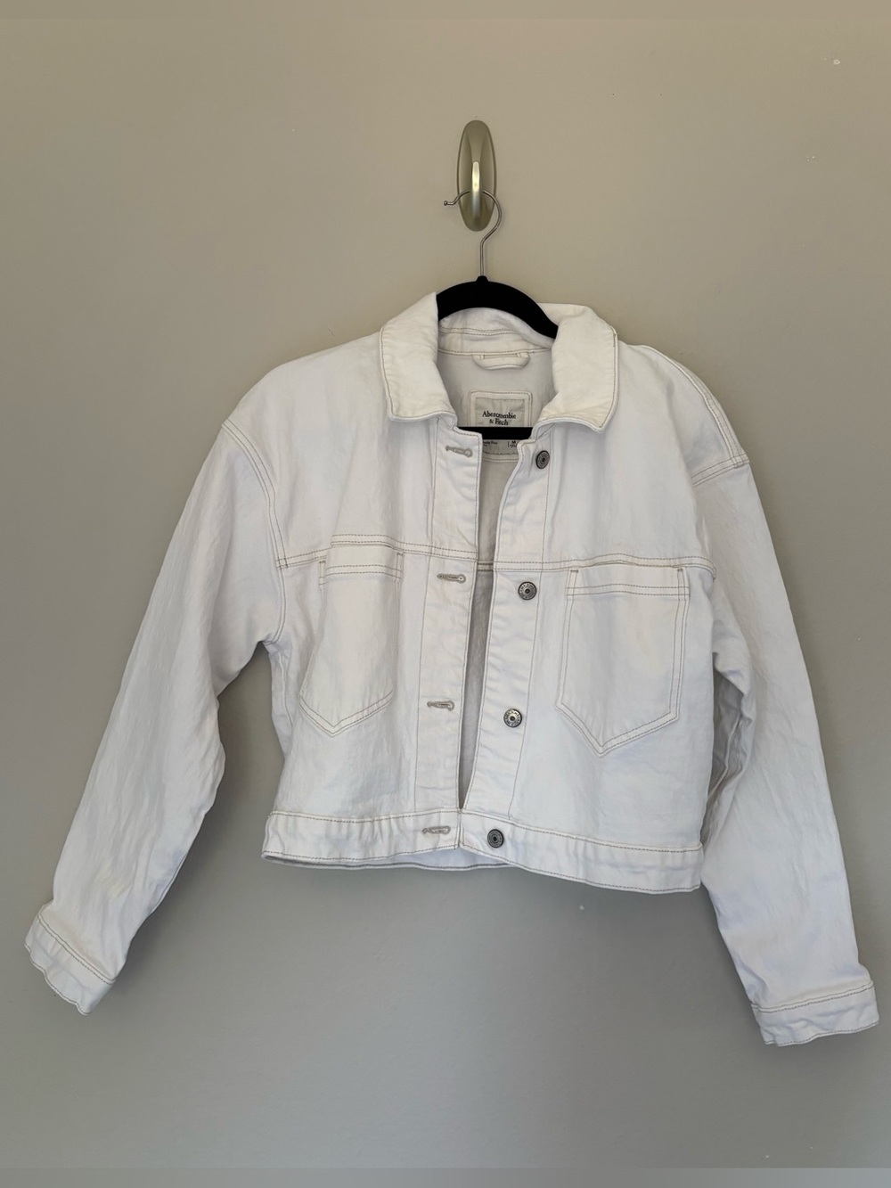 Abercrombie & Fitch Cropped White Denim Jacket Contrast Stitch Women's M